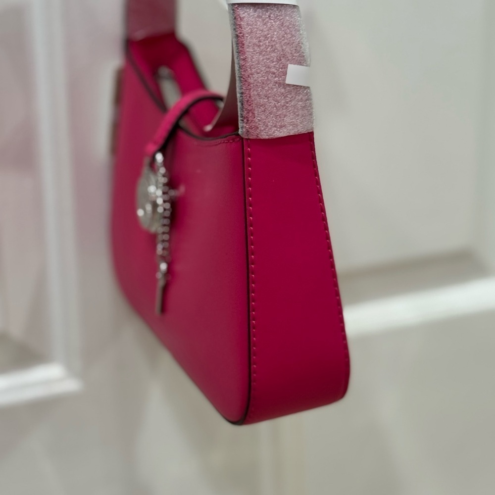 Michael Kors Lyra Small Leather Pouchette Dragonfruit Pink Silver Charm Purse - Picture 9 of 15